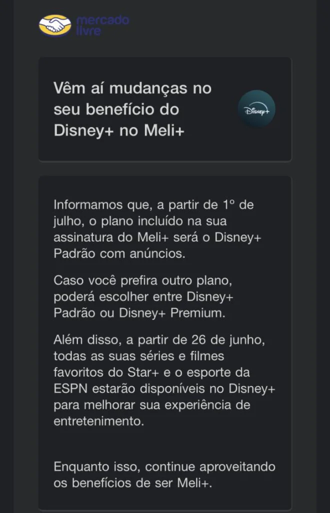 Mercado Livre Meli+ Disney+ assinatura