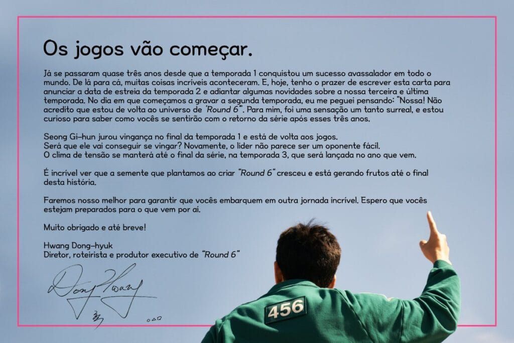 Saiba qual a data de lançamento da temporada 2 da série "Round 6": confira o anúncio da Netflix com carta de diretor e teaser trailer.