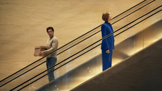 Homem olha para mulher em escada rolante em sentidos contrários em cena do filme Primeiro das Damas da Netflix (1)