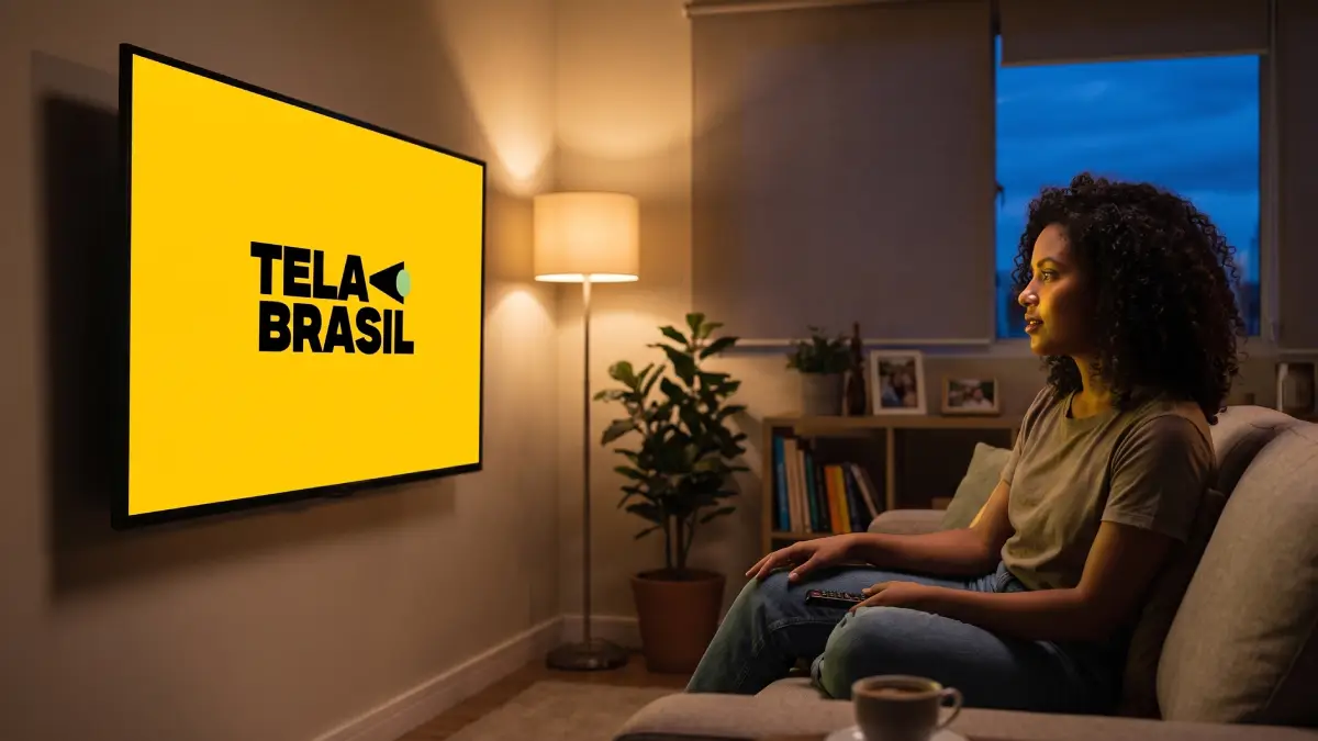 Mulher negra assistindo ao streaming Tela Brasil em TV na sala sentada no sofá