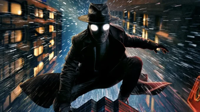 Nicolas Cage com o uniforme do personagem Spider-Noir em cima de um prédio com gotas de chuva em cena da série do Prime Video de 2026