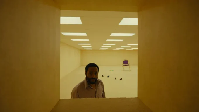 O ator Chiwetel Ejiofor anda em um corredor em cena em tom amarelo do filme Backrooms - Um Não-Lugar de 2026
