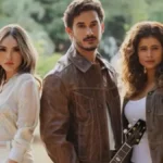 Agrado (Isadora Cruz), João Raul (Filipe Bragança) e Naiane (Isabelle Drummond) posam para foto da novela em Coração Acelerado