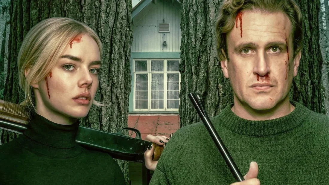 Samara Weaving e Jason Segel no filme Por Cima do Seu Cadáver de 2026