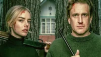 Samara Weaving e Jason Segel no filme Por Cima do Seu Cadáver de 2026