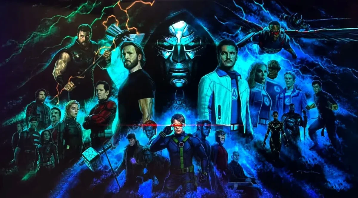 vingadores doutor destino banner com personagens do elenco