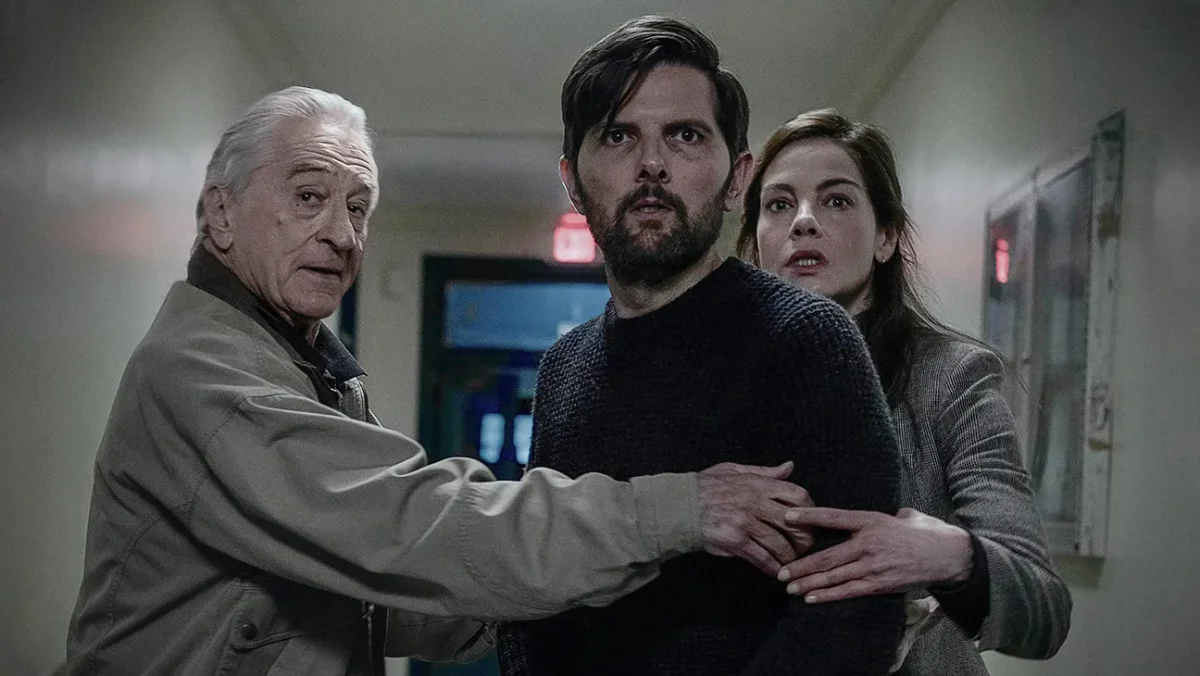 Robert De Niro, Michelle Monaghan e Adam Scott no filme O Homem que Sussura de 2026 da Netflix