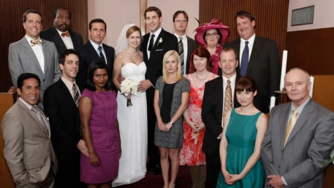 elenco de the office celebra casamento de fãs da série